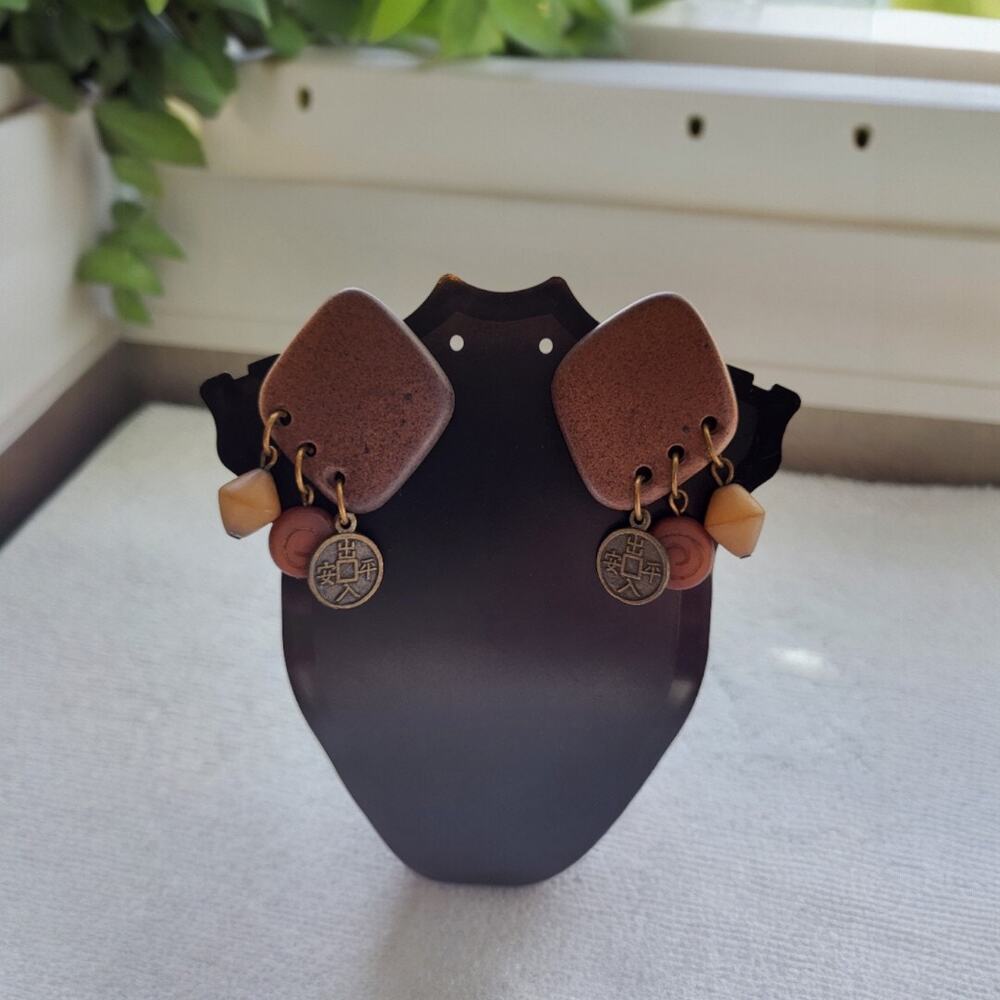 Brown Stone-Look Charm Statement Earrings – Pierced